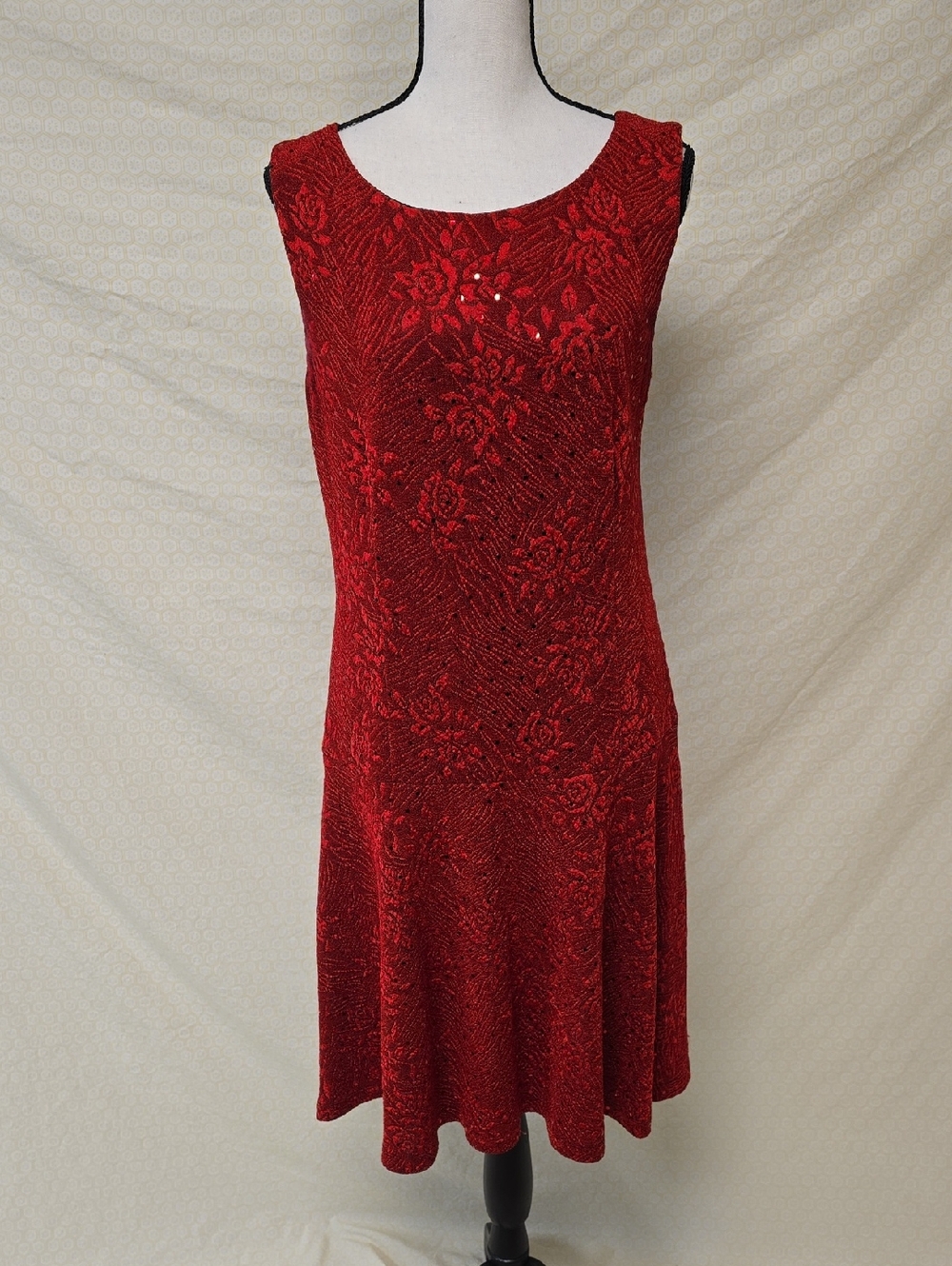 Connected Apparel Red Sleeveless Sequined Midi Dress